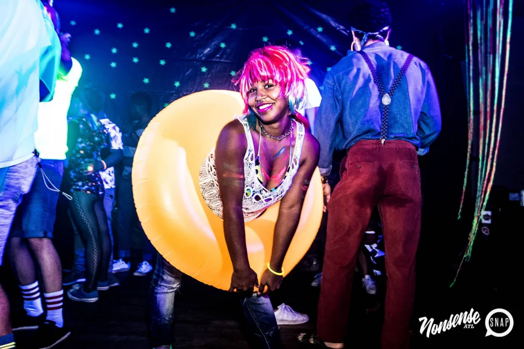 Nonsense GLOW Dance Party - July 2019 at The Basement. DJs: MP3PO & Skalaka. Facepainting by Brooke Creates. Photo by Oh Snap Kid.