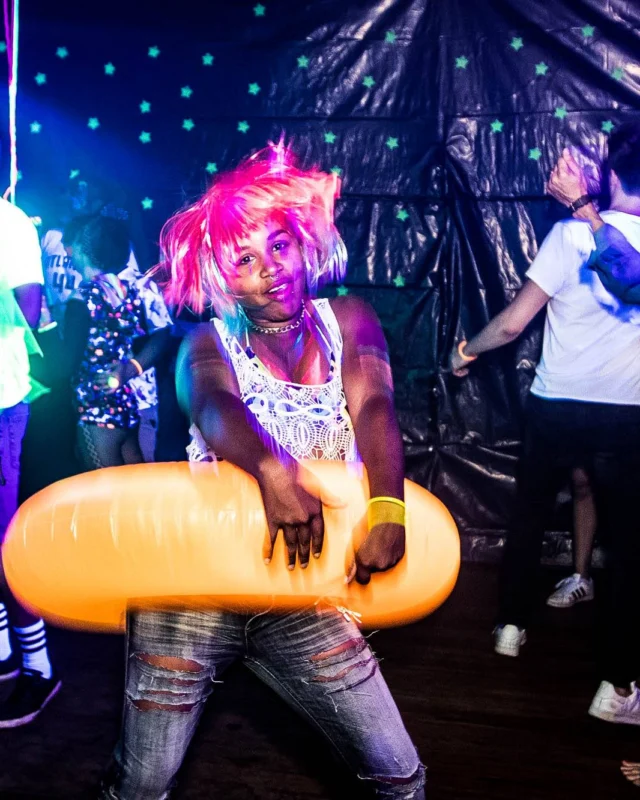 Nonsense GLOW Dance Party - July 2019 at The Basement. DJs: MP3PO & Skalaka. Facepainting by Brooke Creates. Photo by Oh Snap Kid.
