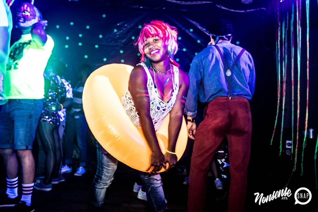 Nonsense GLOW Dance Party - July 2019 at The Basement. DJs: MP3PO & Skalaka. Facepainting by Brooke Creates. Photo by Oh Snap Kid.