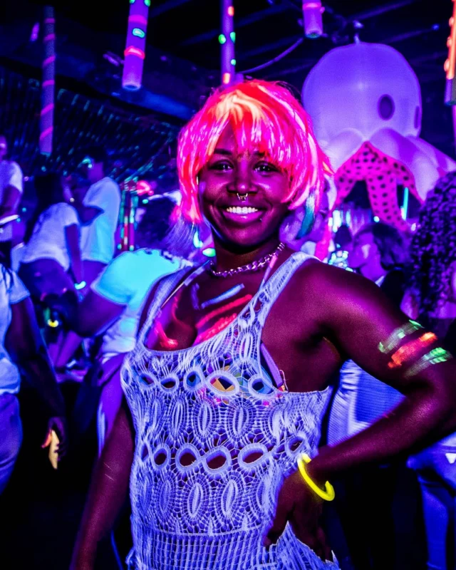 Nonsense GLOW Dance Party - July 2019 at The Basement. DJs: MP3PO & Skalaka. Facepainting by Brooke Creates. Photo by Oh Snap Kid.