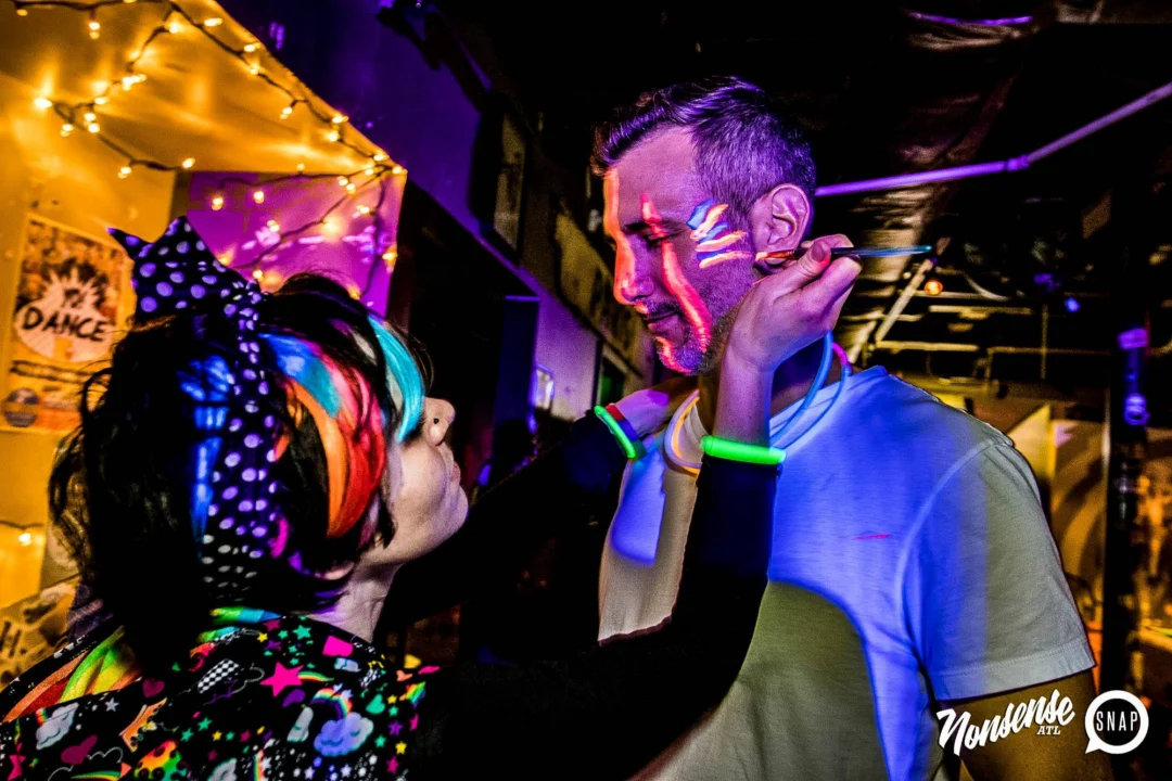 Nonsense GLOW Dance Party - July 2019 at The Basement. DJs: MP3PO & Skalaka. Facepainting by Brooke Creates. Photo by Oh Snap Kid.