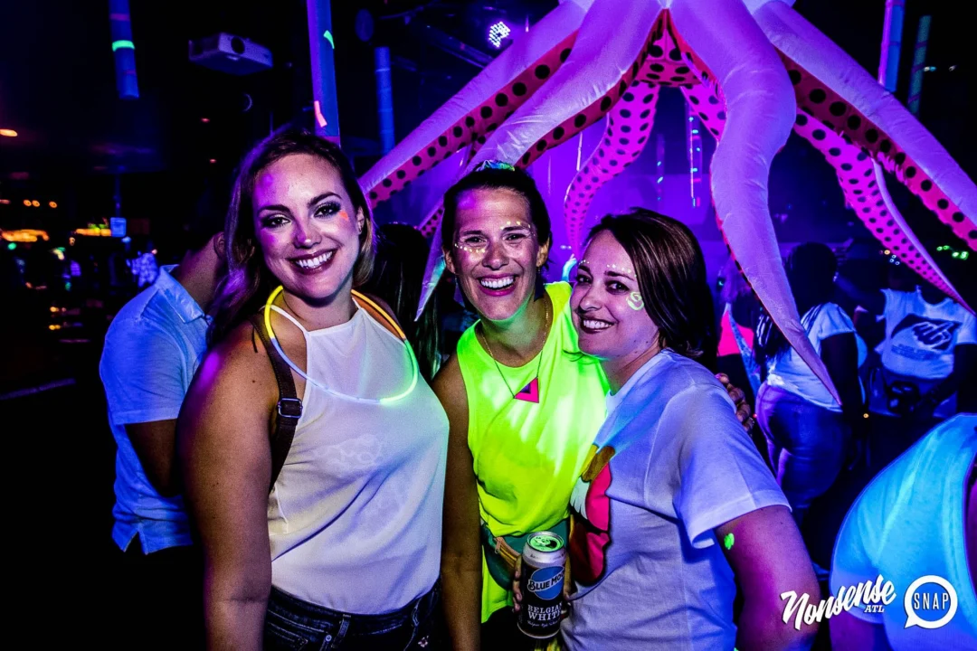 Nonsense GLOW Dance Party - July 2019 at The Basement. DJs: MP3PO & Skalaka. Facepainting by Brooke Creates. Photo by Oh Snap Kid.