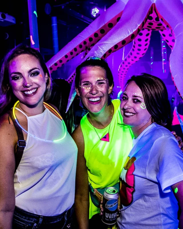 Nonsense GLOW Dance Party - July 2019 at The Basement. DJs: MP3PO & Skalaka. Facepainting by Brooke Creates. Photo by Oh Snap Kid.