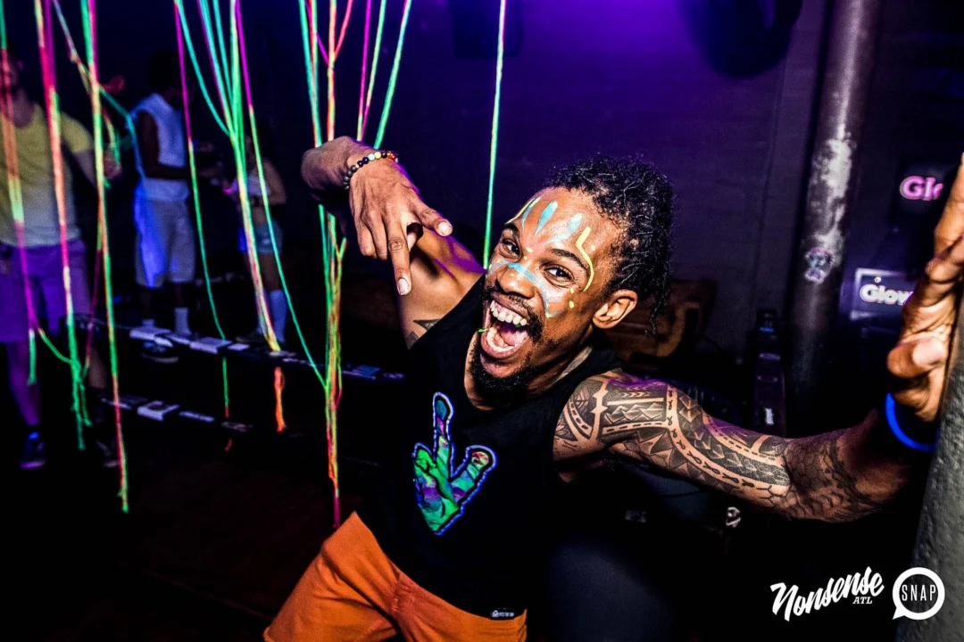 Nonsense GLOW Dance Party - July 2019 at The Basement. DJs: MP3PO & Skalaka. Facepainting by Brooke Creates. Photo by Oh Snap Kid.
