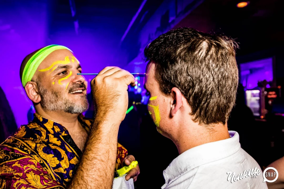Nonsense GLOW Dance Party - July 2019 at The Basement. DJs: MP3PO & Skalaka. Facepainting by Brooke Creates. Photo by Oh Snap Kid.