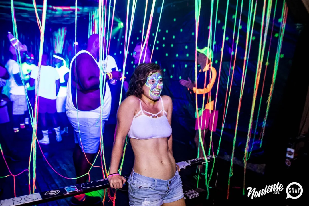 Nonsense GLOW Dance Party - July 2019 at The Basement. DJs: MP3PO & Skalaka. Facepainting by Brooke Creates. Photo by Oh Snap Kid.