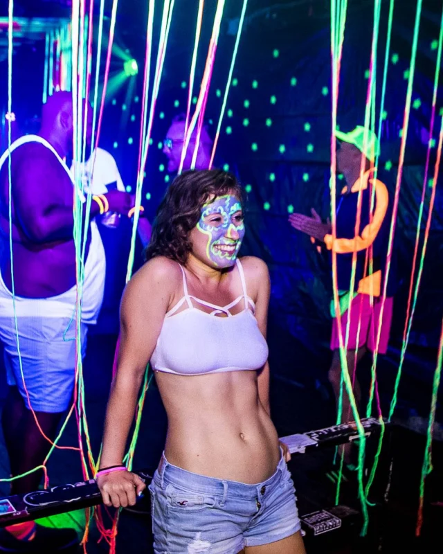 Nonsense GLOW Dance Party - July 2019 at The Basement. DJs: MP3PO & Skalaka. Facepainting by Brooke Creates. Photo by Oh Snap Kid.