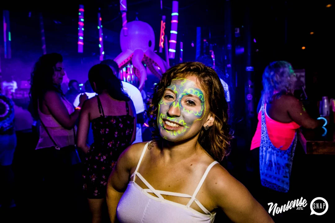 Nonsense GLOW Dance Party - July 2019 at The Basement. DJs: MP3PO & Skalaka. Facepainting by Brooke Creates. Photo by Oh Snap Kid.