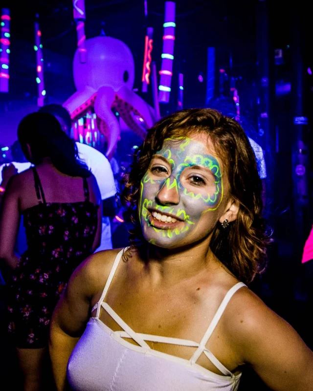 Nonsense GLOW Dance Party - July 2019 at The Basement. DJs: MP3PO & Skalaka. Facepainting by Brooke Creates. Photo by Oh Snap Kid.