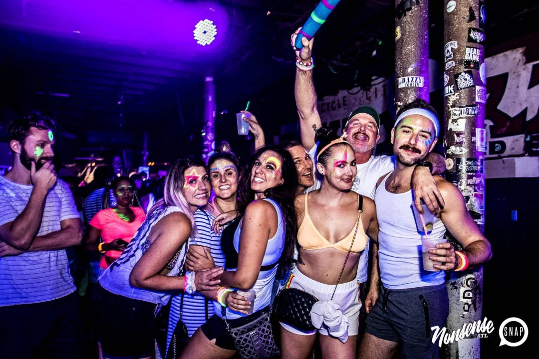 Nonsense GLOW Dance Party - July 2019 at The Basement. DJs: MP3PO & Skalaka. Facepainting by Brooke Creates. Photo by Oh Snap Kid.