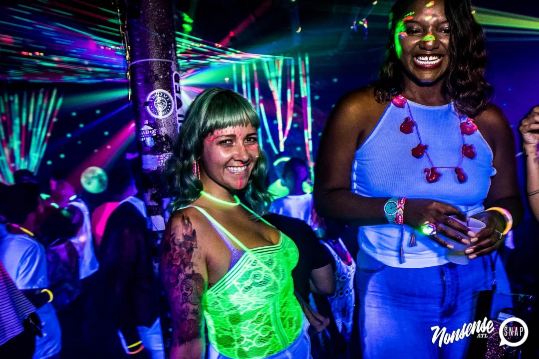 Nonsense GLOW Dance Party - July 2019 at The Basement. DJs: MP3PO & Skalaka. Facepainting by Brooke Creates. Photo by Oh Snap Kid.