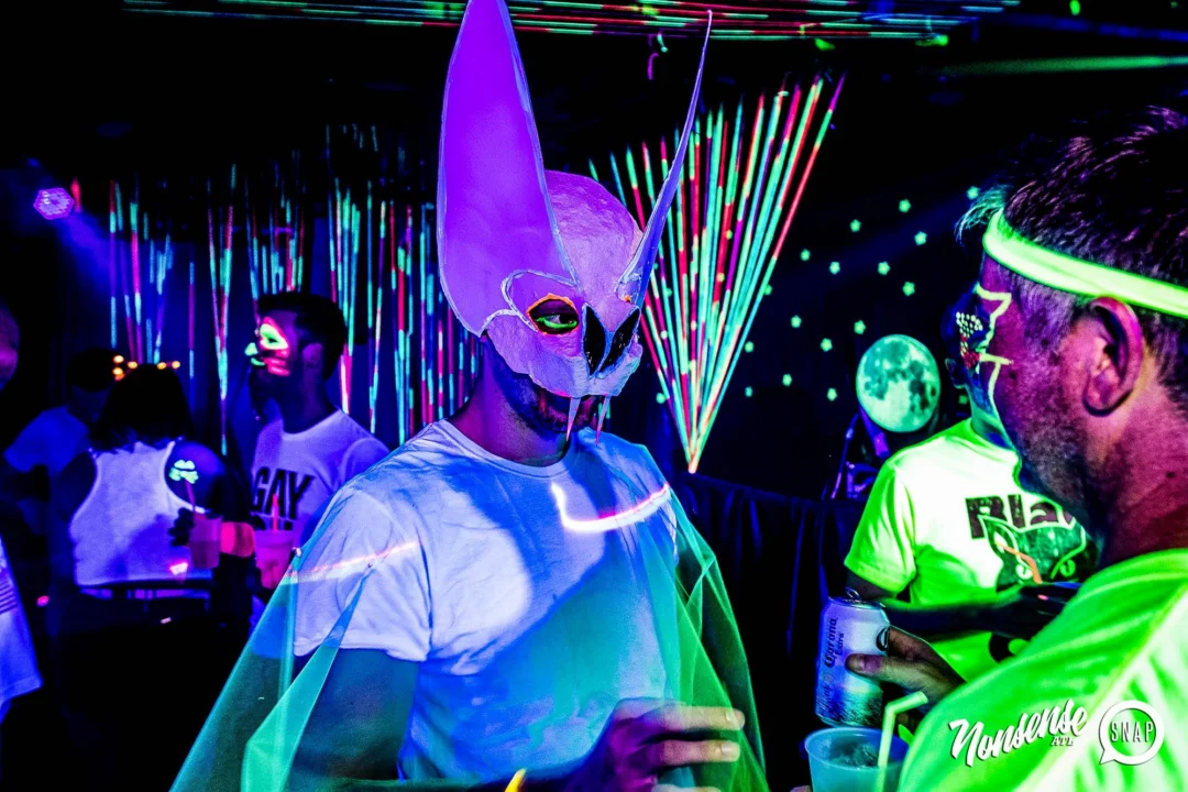 Nonsense GLOW Dance Party - July 2019 at The Basement. DJs: MP3PO & Skalaka. Facepainting by Brooke Creates. Photo by Oh Snap Kid.