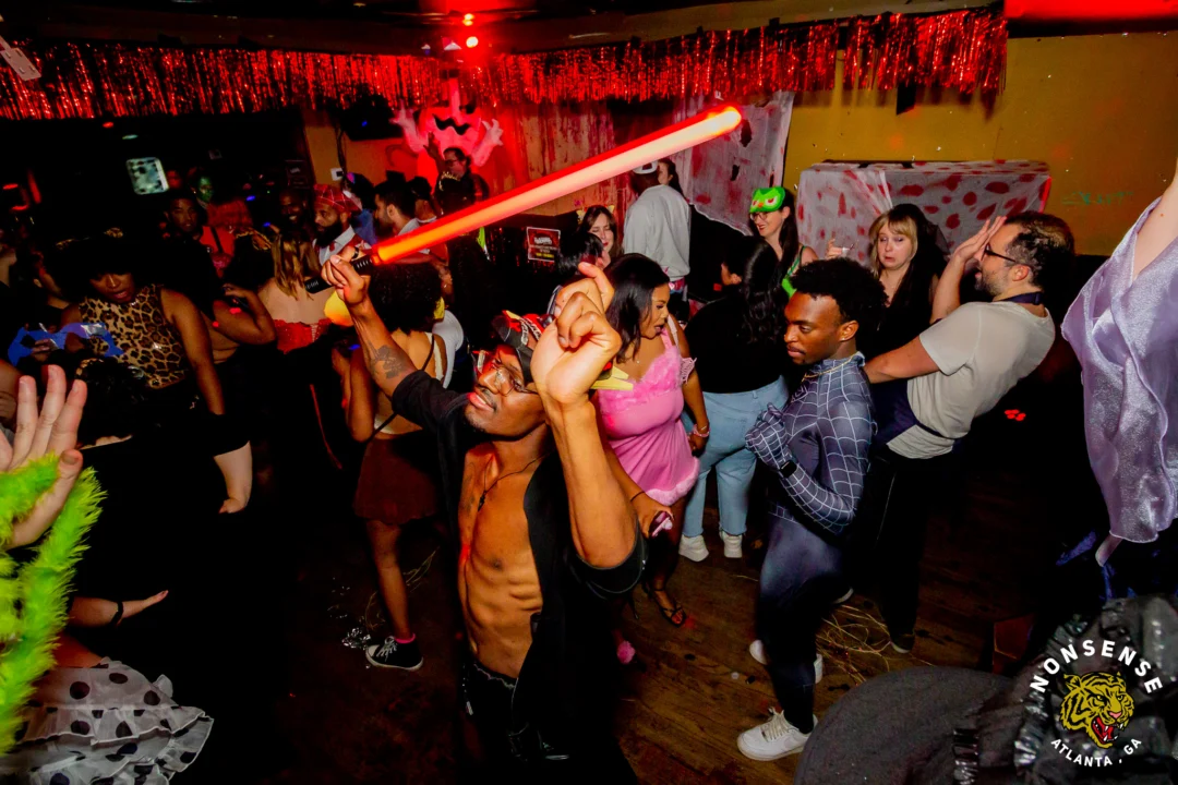 Nonsense Halloween 2025 at 404.exe - Kimber and Tom Bruno were the DJs - Photo by by @hellacurious - Decor and art installations by Scott and Tad - Monster Fortune Telling by Mystic Madison