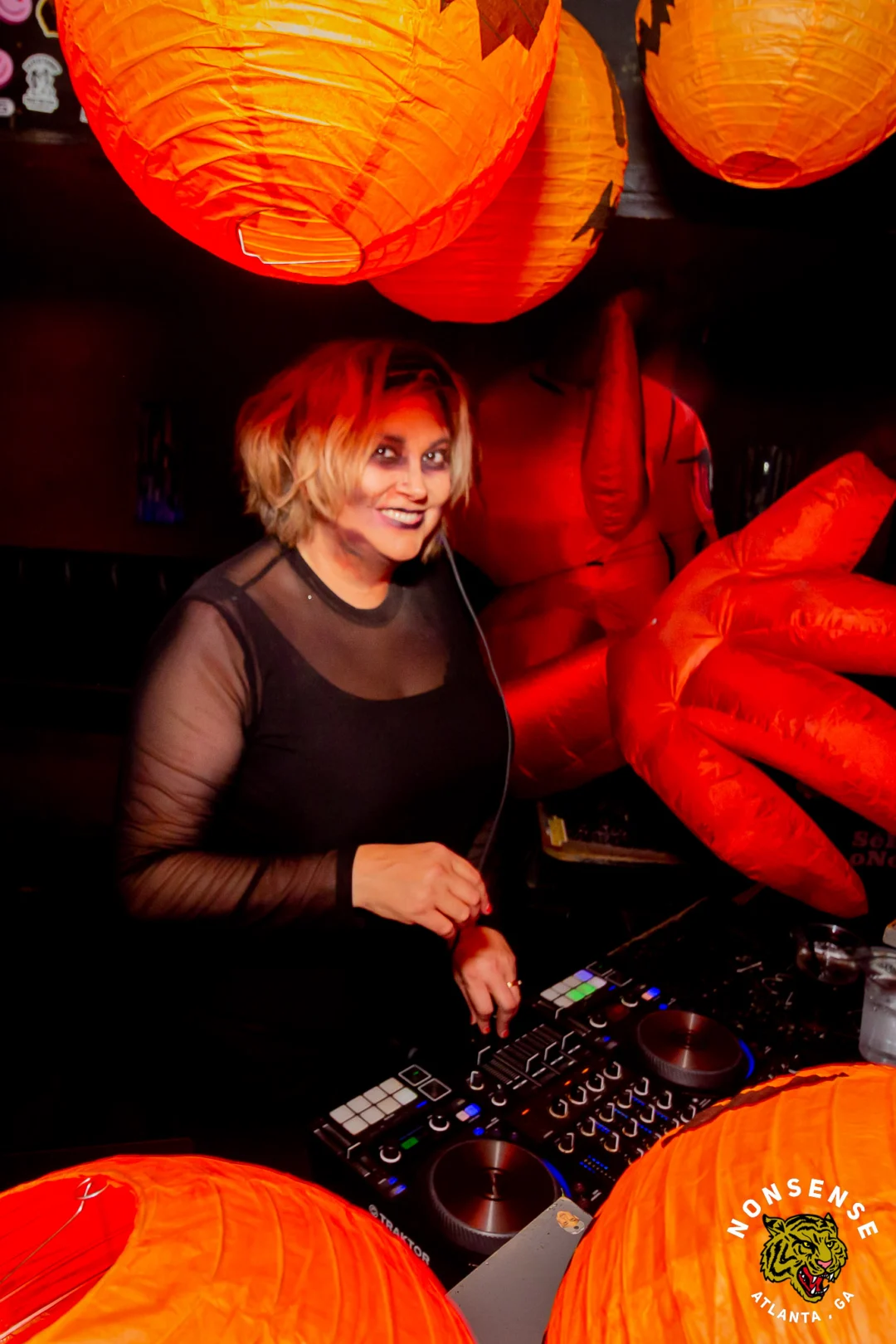 Nonsense Halloween 2025 at 404.exe - Kimber and Tom Bruno were the DJs - Photo by by @hellacurious - Decor and art installations by Scott and Tad - Monster Fortune Telling by Mystic Madison