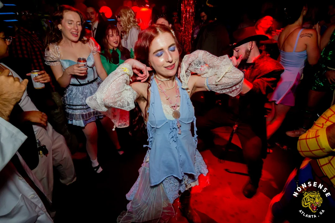 Nonsense Halloween 2025 at 404.exe - Kimber and Tom Bruno were the DJs - Photo by by @hellacurious - Decor and art installations by Scott and Tad - Monster Fortune Telling by Mystic Madison