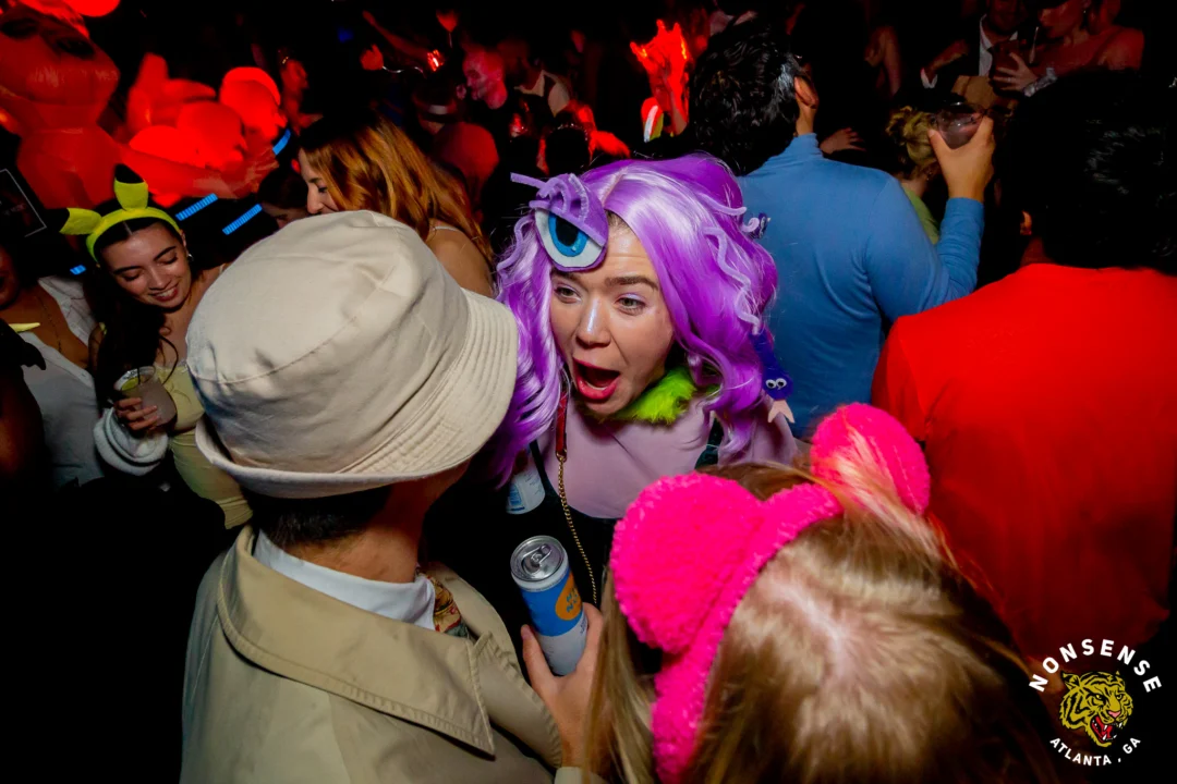 Nonsense Halloween 2025 at 404.exe - Kimber and Tom Bruno were the DJs - Photo by by @hellacurious - Decor and art installations by Scott and Tad - Monster Fortune Telling by Mystic Madison