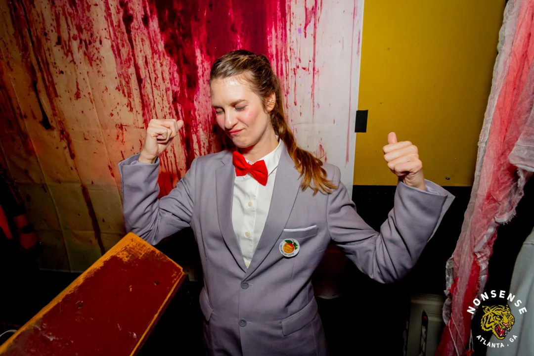 Nonsense Halloween 2025 at 404.exe - Kimber and Tom Bruno were the DJs - Photo by by @hellacurious - Decor and art installations by Scott and Tad - Monster Fortune Telling by Mystic Madison