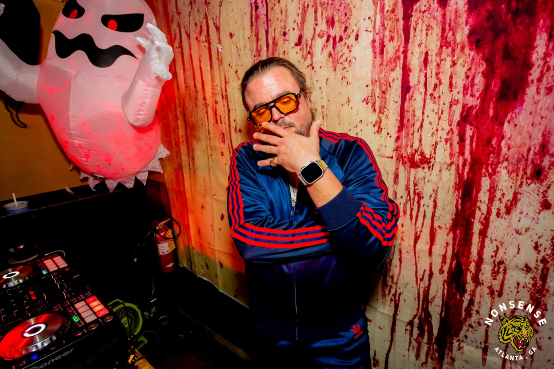 Nonsense Halloween 2025 at 404.exe - Kimber and Tom Bruno were the DJs - Photo by by @hellacurious - Decor and art installations by Scott and Tad - Monster Fortune Telling by Mystic Madison