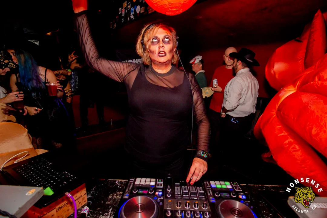 Nonsense Halloween 2025 at 404.exe - Kimber and Tom Bruno were the DJs - Photo by by @hellacurious - Decor and art installations by Scott and Tad - Monster Fortune Telling by Mystic Madison