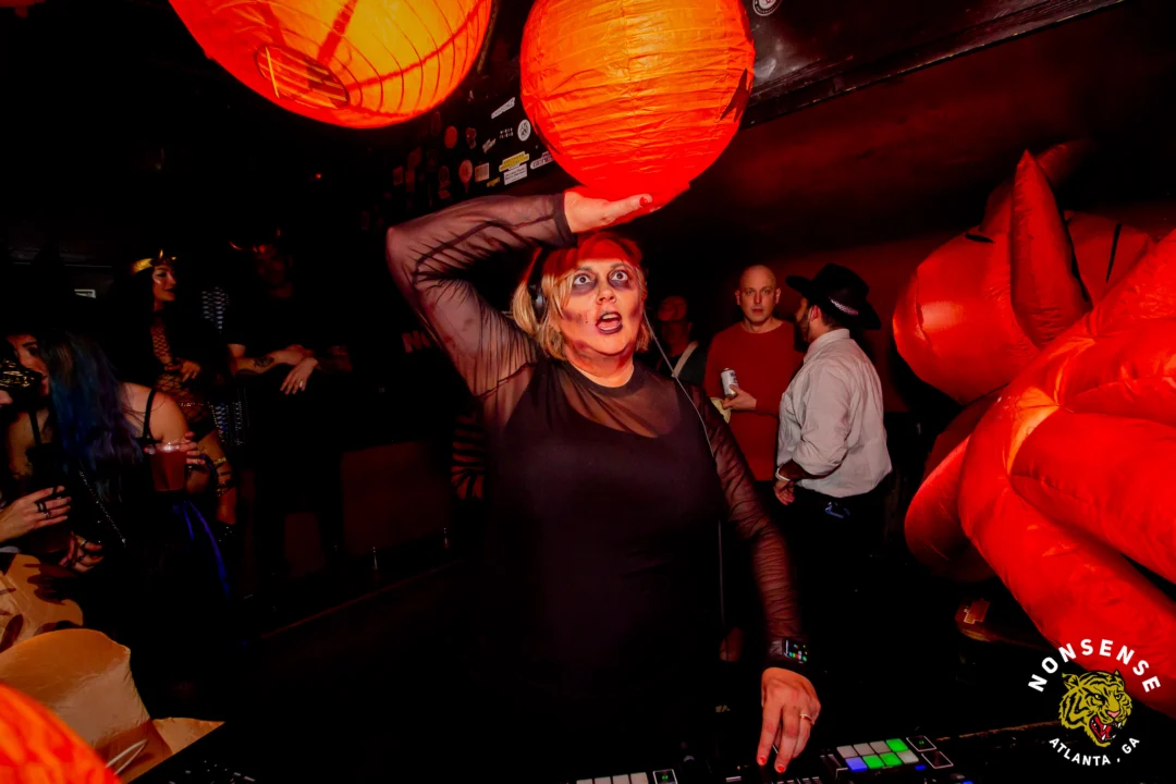 Nonsense Halloween 2025 at 404.exe - Kimber and Tom Bruno were the DJs - Photo by by @hellacurious - Decor and art installations by Scott and Tad - Monster Fortune Telling by Mystic Madison