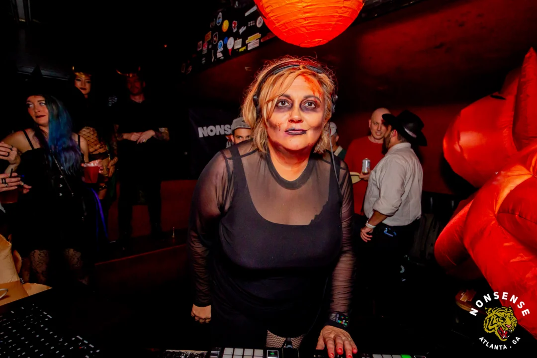 Nonsense Halloween 2025 at 404.exe - Kimber and Tom Bruno were the DJs - Photo by by @hellacurious - Decor and art installations by Scott and Tad - Monster Fortune Telling by Mystic Madison
