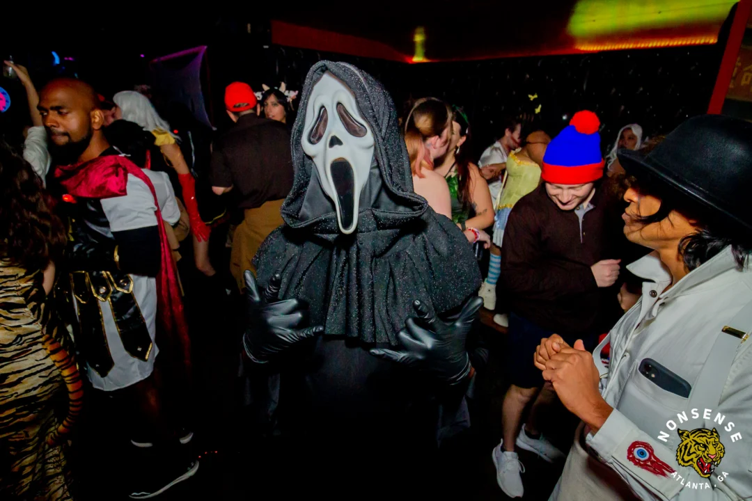 Nonsense Halloween 2025 at 404.exe - Kimber and Tom Bruno were the DJs - Photo by by @hellacurious - Decor and art installations by Scott and Tad - Monster Fortune Telling by Mystic Madison