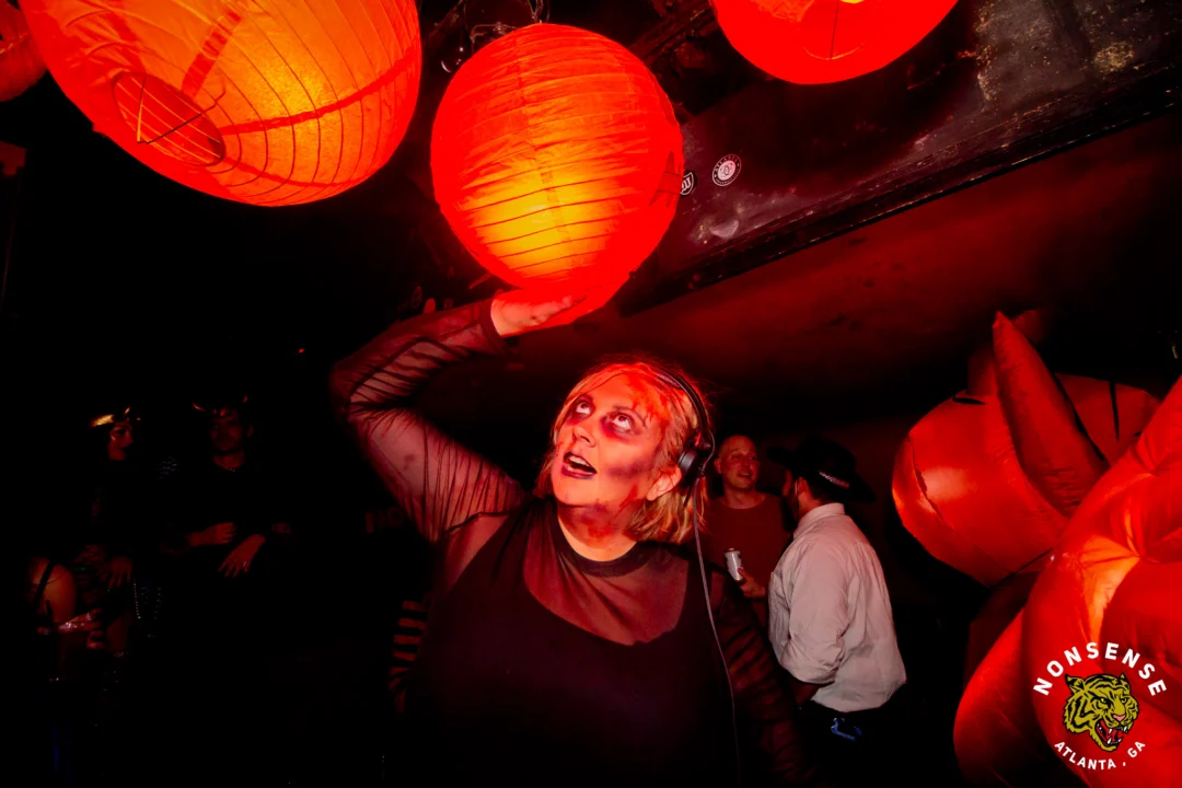 Nonsense Halloween 2025 at 404.exe - Kimber and Tom Bruno were the DJs - Photo by by @hellacurious - Decor and art installations by Scott and Tad - Monster Fortune Telling by Mystic Madison