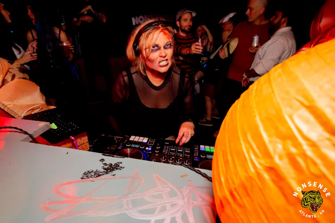 Nonsense Halloween 2025 at 404.exe - Kimber and Tom Bruno were the DJs - Photo by by @hellacurious - Decor and art installations by Scott and Tad - Monster Fortune Telling by Mystic Madison