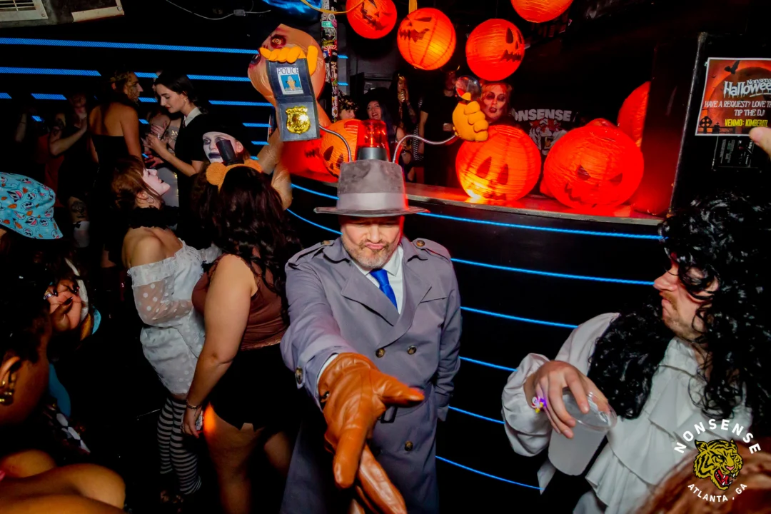 Nonsense Halloween 2025 at 404.exe - Kimber and Tom Bruno were the DJs - Photo by by @hellacurious - Decor and art installations by Scott and Tad - Monster Fortune Telling by Mystic Madison