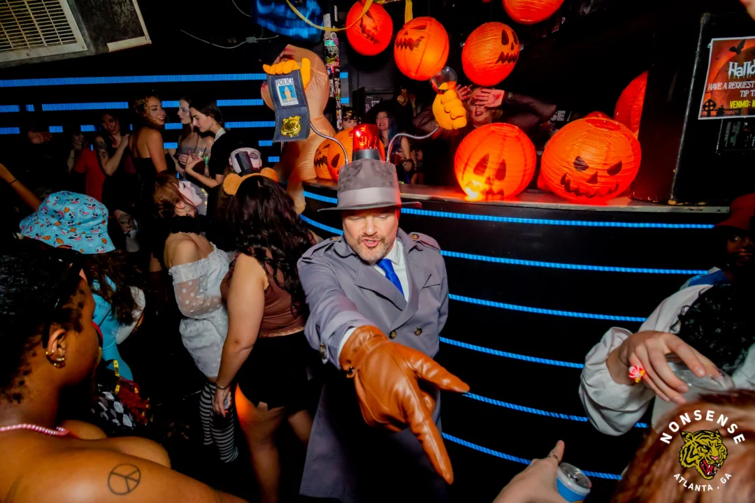 Nonsense Halloween 2025 at 404.exe - Kimber and Tom Bruno were the DJs - Photo by by @hellacurious - Decor and art installations by Scott and Tad - Monster Fortune Telling by Mystic Madison