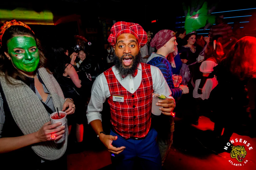 Nonsense Halloween 2025 at 404.exe - Kimber and Tom Bruno were the DJs - Photo by by @hellacurious - Decor and art installations by Scott and Tad - Monster Fortune Telling by Mystic Madison