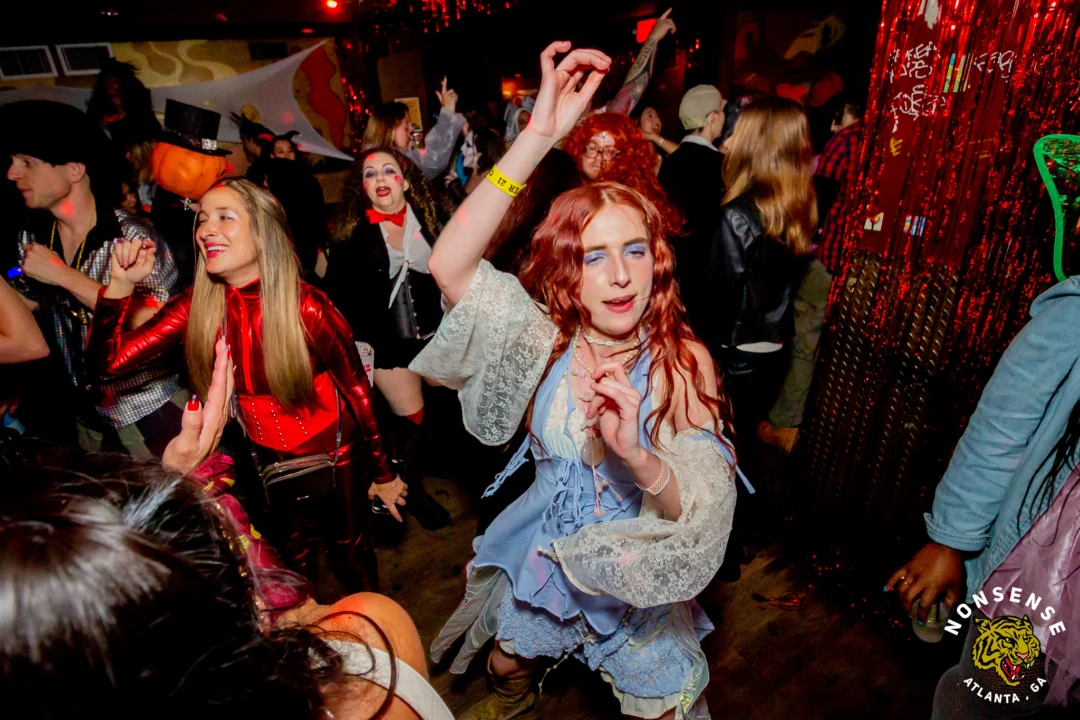 Nonsense Halloween 2025 at 404.exe - Kimber and Tom Bruno were the DJs - Photo by by @hellacurious - Decor and art installations by Scott and Tad - Monster Fortune Telling by Mystic Madison