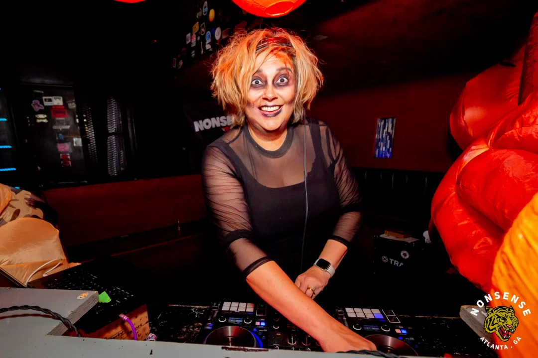 Nonsense Halloween 2025 at 404.exe - Kimber and Tom Bruno were the DJs - Photo by by @hellacurious - Decor and art installations by Scott and Tad - Monster Fortune Telling by Mystic Madison