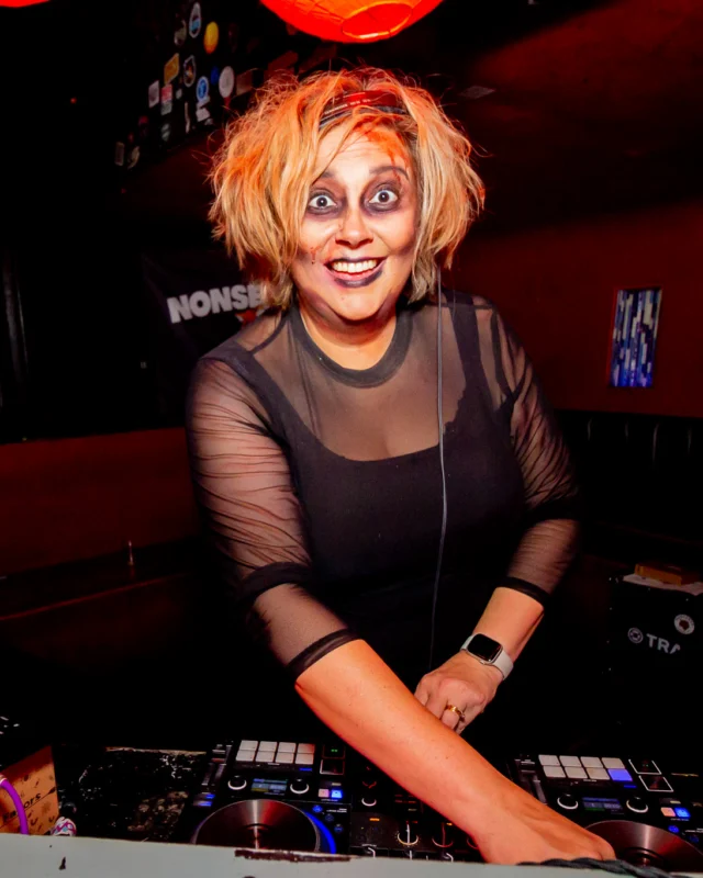 Nonsense Halloween 2025 at 404.exe - Kimber and Tom Bruno were the DJs - Photo by by @hellacurious - Decor and art installations by Scott and Tad - Monster Fortune Telling by Mystic Madison