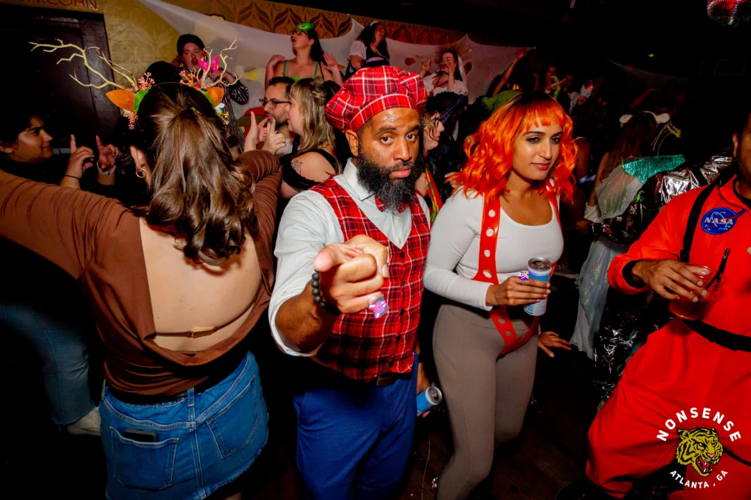 Nonsense Halloween 2025 at 404.exe - Kimber and Tom Bruno were the DJs - Photo by by @hellacurious - Decor and art installations by Scott and Tad - Monster Fortune Telling by Mystic Madison