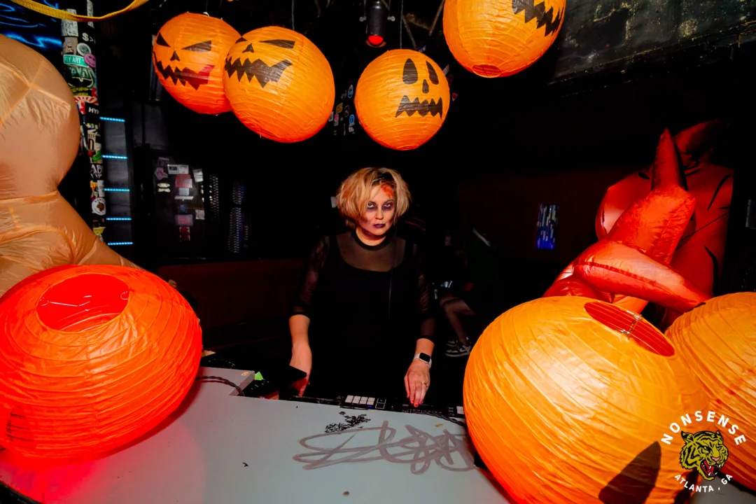 Nonsense Halloween 2025 at 404.exe - Kimber and Tom Bruno were the DJs - Photo by by @hellacurious - Decor and art installations by Scott and Tad - Monster Fortune Telling by Mystic Madison