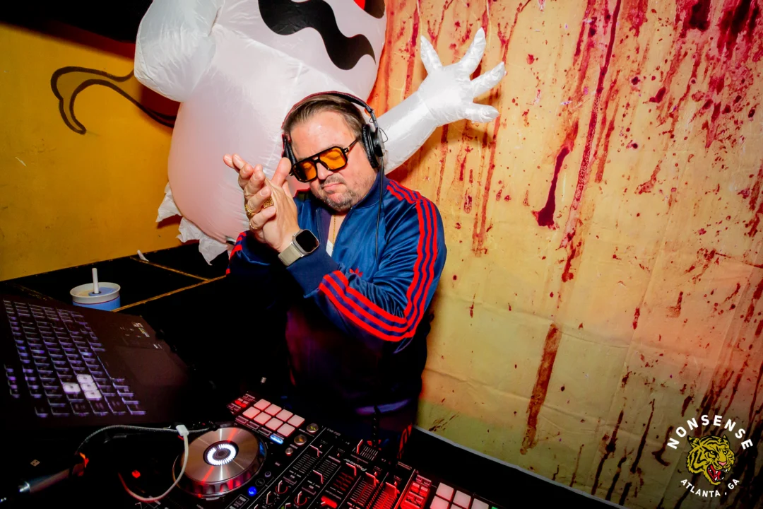 Nonsense Halloween 2025 at 404.exe - Kimber and Tom Bruno were the DJs - Photo by by @hellacurious - Decor and art installations by Scott and Tad - Monster Fortune Telling by Mystic Madison