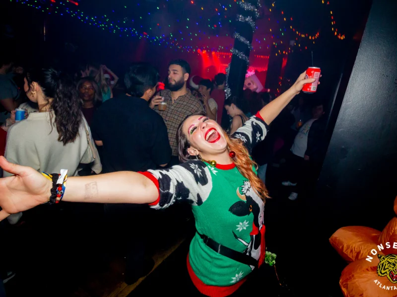 Nonsense Christmas 2025 - Kimber was the DJ - Scott was Santa - Madison was the Grumpy Elf - Photo by @hellacurious