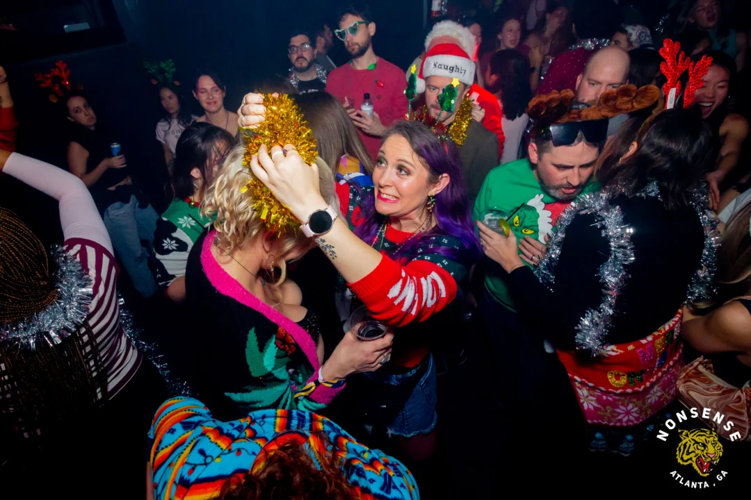 Nonsense Christmas 2025 - Kimber was the DJ - Scott was Santa - Madison was the Grumpy Elf - Photo by @hellacurious