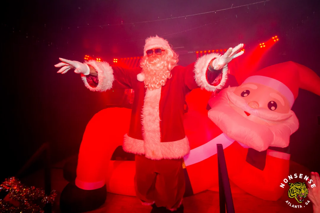 Nonsense Christmas 2025 - Kimber was the DJ - Scott was Santa - Madison was the Grumpy Elf - Photo by @hellacurious