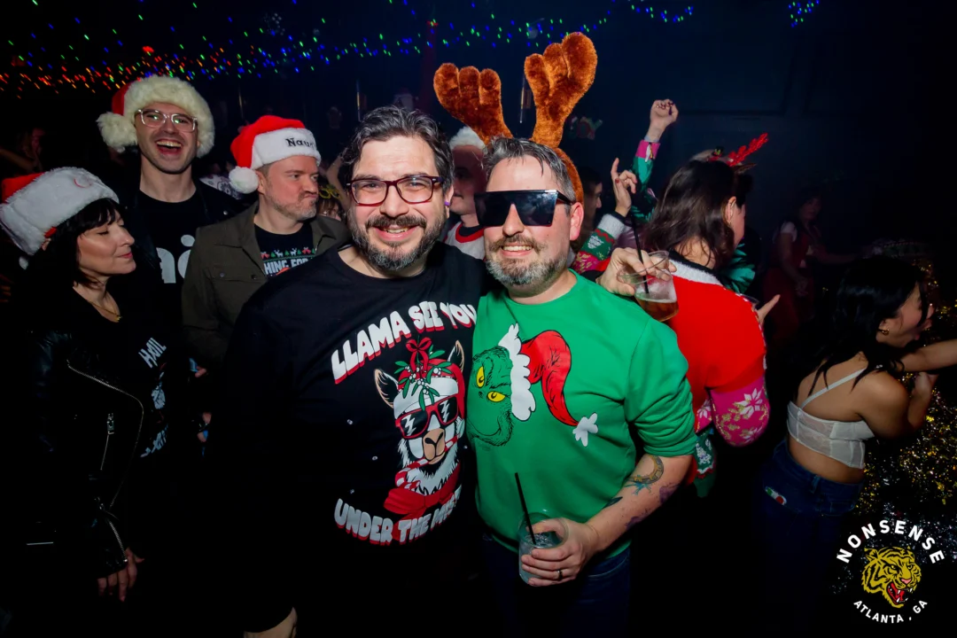 Nonsense Christmas 2025 - Kimber was the DJ - Scott was Santa - Madison was the Grumpy Elf - Photo by @hellacurious
