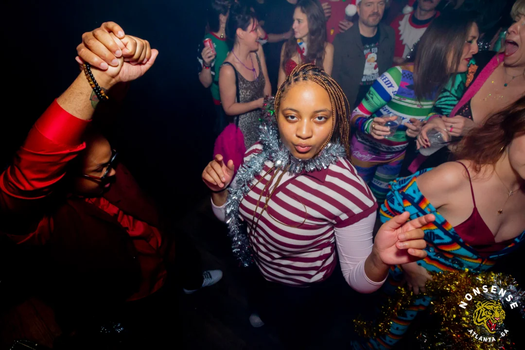 Nonsense Christmas 2025 - Kimber was the DJ - Scott was Santa - Madison was the Grumpy Elf - Photo by @hellacurious