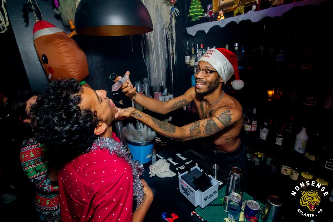 Nonsense Christmas 2025 - Kimber was the DJ - Scott was Santa - Madison was the Grumpy Elf - Photo by @hellacurious
