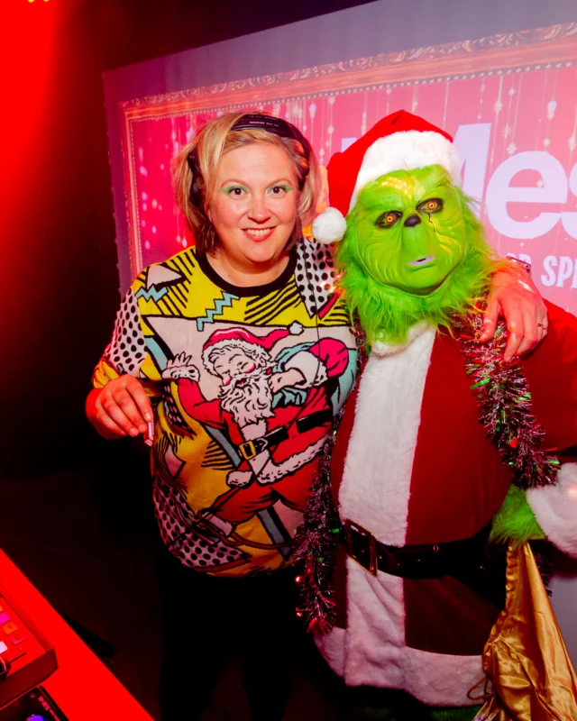 Nonsense Christmas 2025 - Kimber was the DJ - Scott was Santa - Madison was the Grumpy Elf - Photo by @hellacurious