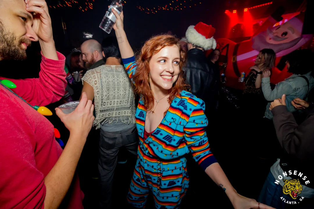 Nonsense Christmas 2025 - Kimber was the DJ - Scott was Santa - Madison was the Grumpy Elf - Photo by @hellacurious