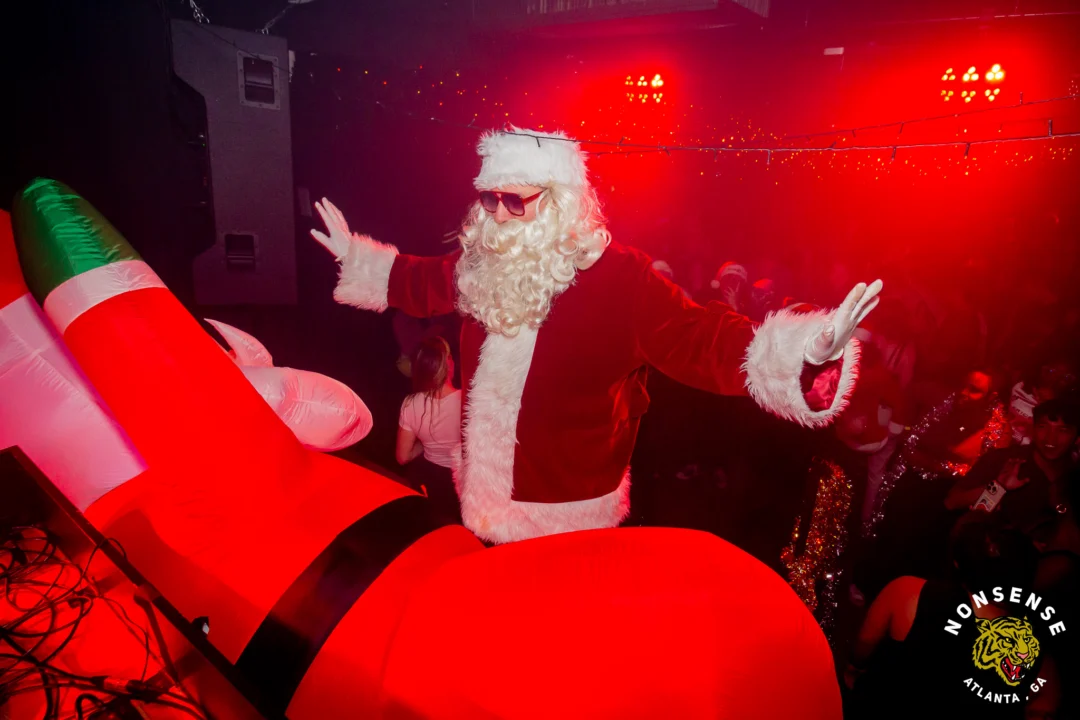 Nonsense Christmas 2025 - Kimber was the DJ - Scott was Santa - Madison was the Grumpy Elf - Photo by @hellacurious