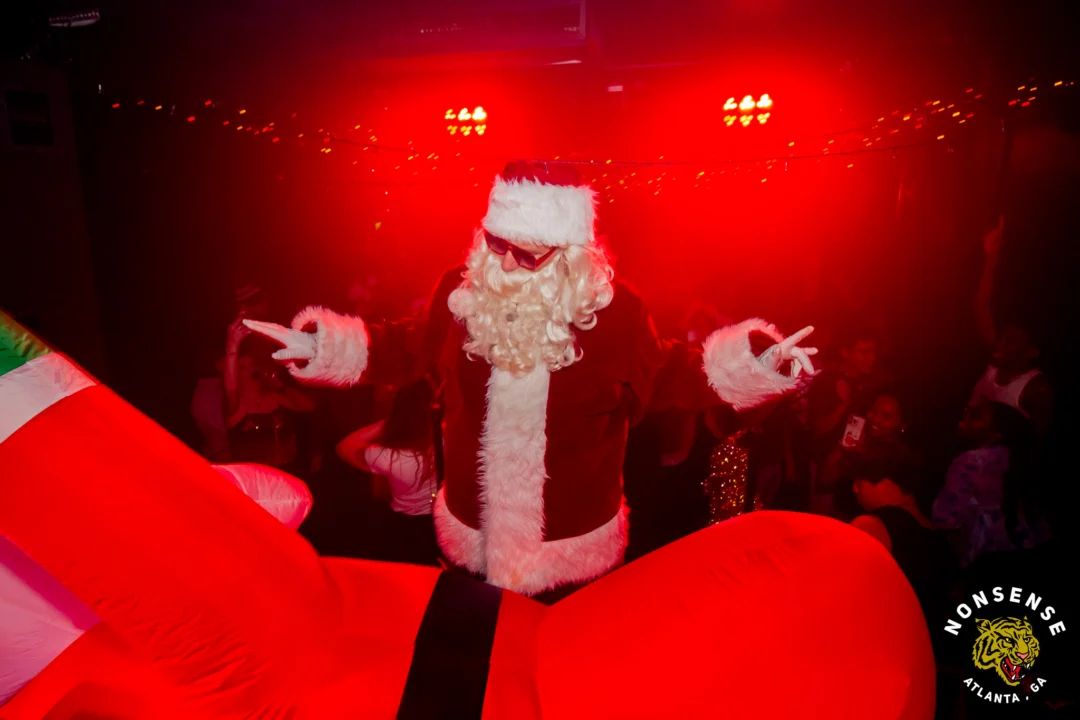 Nonsense Christmas 2025 - Kimber was the DJ - Scott was Santa - Madison was the Grumpy Elf - Photo by @hellacurious